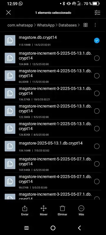 Captura de pantalla de la carpeta WhatsApp Databases en un explorador de archivos para ver msgstore.db.crypt14.