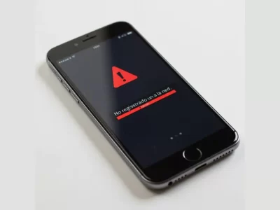 Un smartphone sobre una mesa mostrando en su pantalla el mensaje de error 'No registrado en la red'.